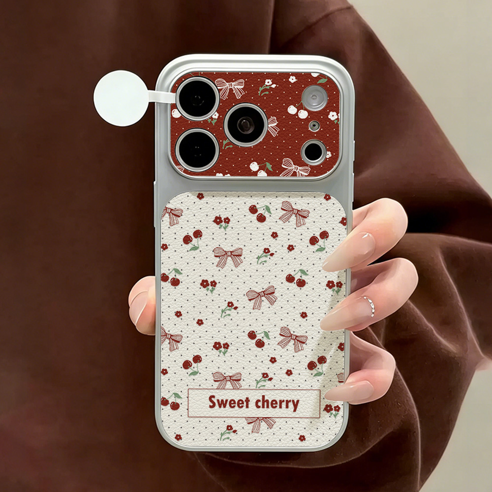 Phone Cases With Camera Cover - 스윗 체리 보우 가죽 폰 케이스