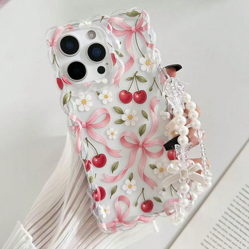 Phone Cases With Loop - 체리 보우 플로럴 스캘럽 레이스 엣지