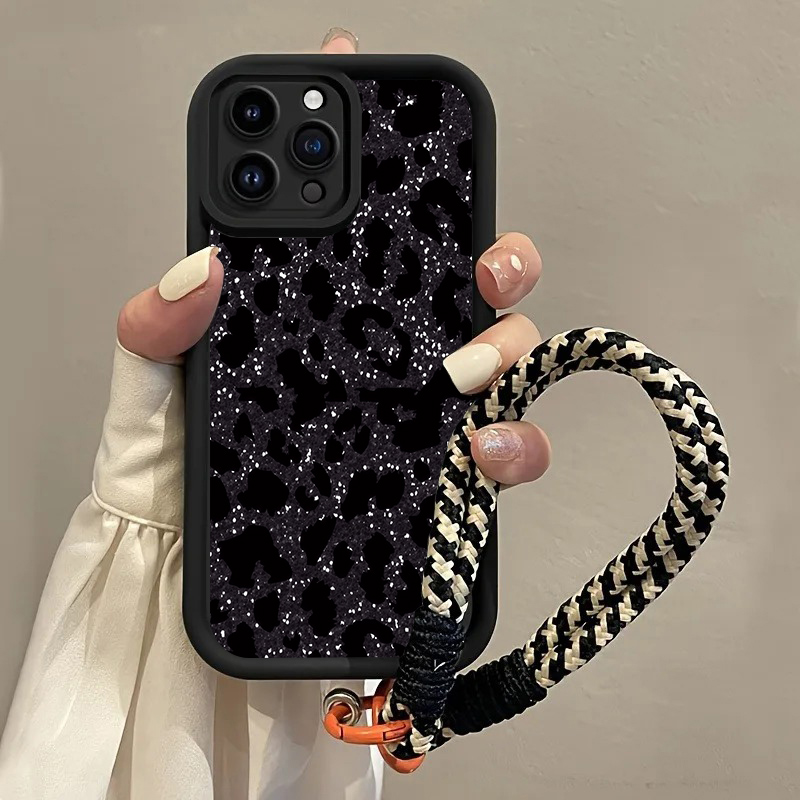Phone Cases With Loop - 검은색 반점 표범 무늬 핸드 스트랩