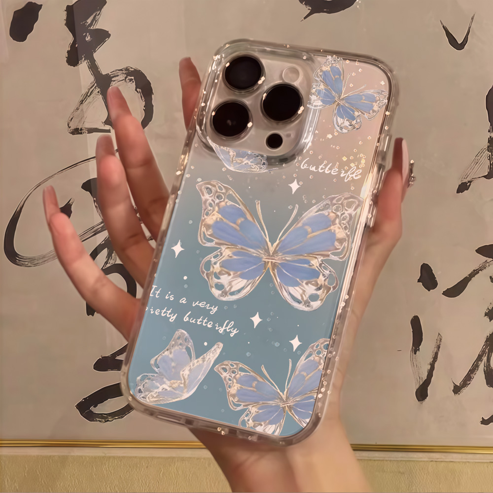 Glitter Shockproof Case - 럭셔리 블루 버터플라이 투명 글리터 폰