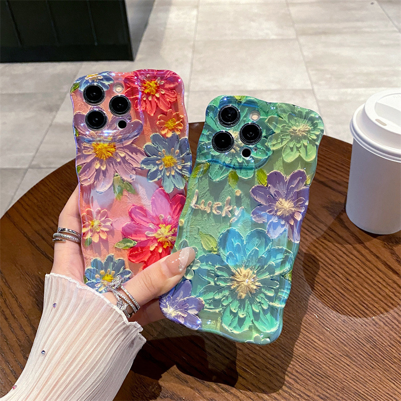 Phone Cases Art - 레트로 블루 라이트 유화 꽃무늬 웨이브