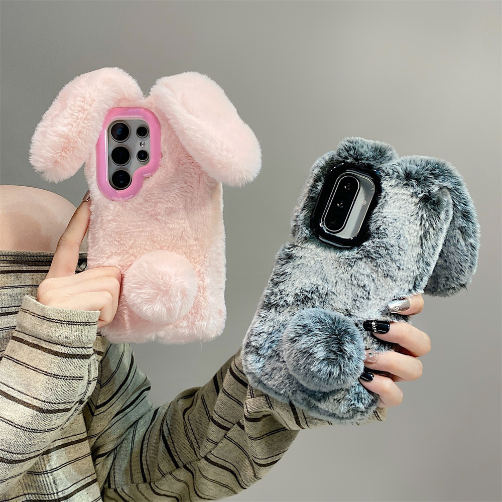 Phone Cases For Samsung Galaxy - 귀여운 토끼 귀 플러피 스탠드 폰