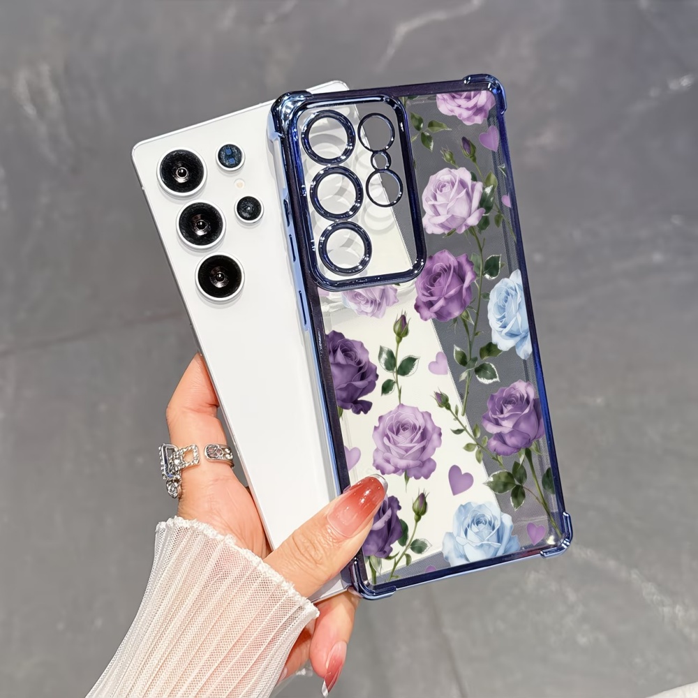 전기도금된 네 모서리 충격 방지 퍼플 로즈 투명 폰 케 - Phone Cases Purple 리뷰 및 가격
