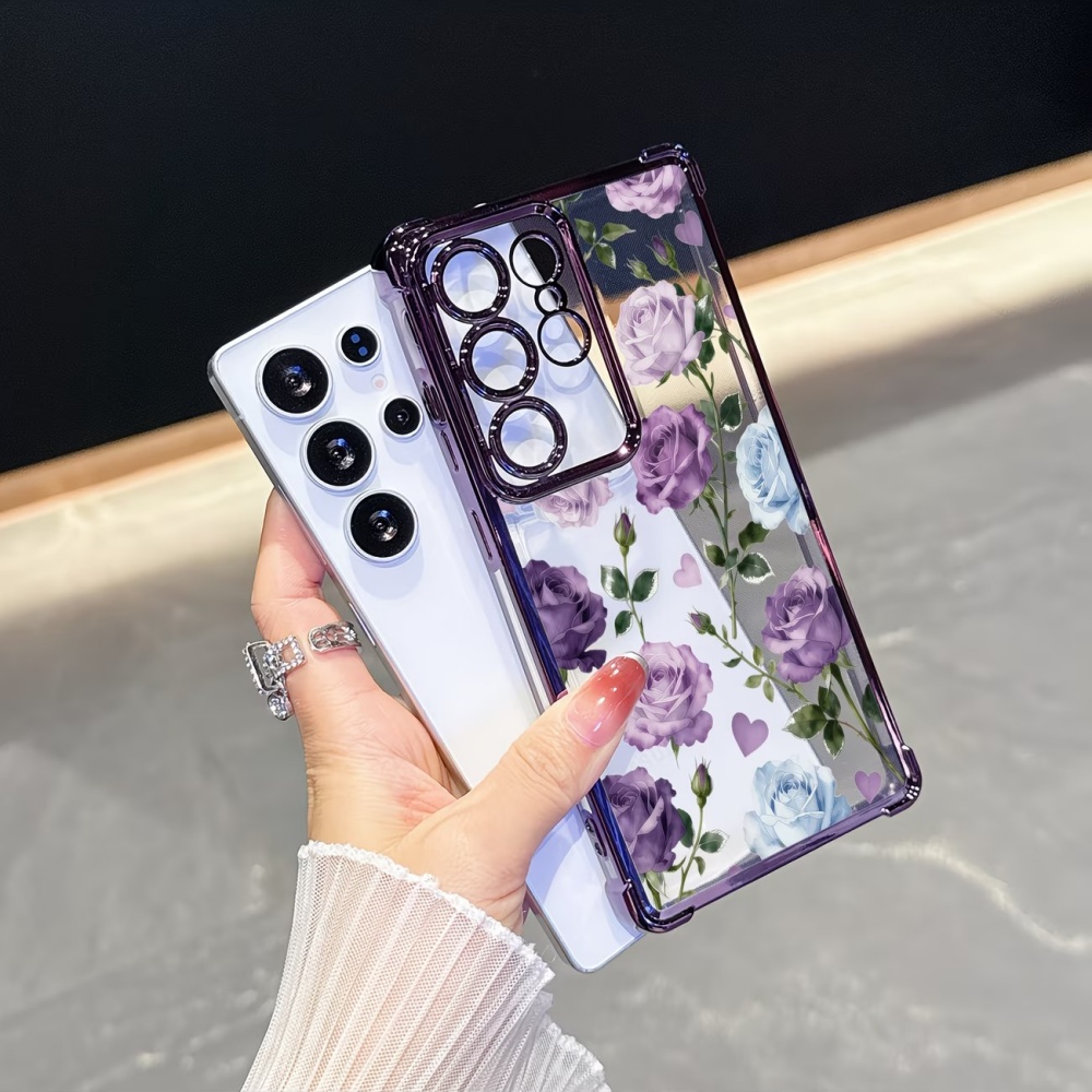 전기도금된 네 모서리 충격 방지 퍼플 로즈 투명 폰 케 - Phone Cases Purple 리뷰 및 가격