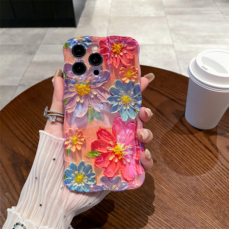 레트로 블루 라이트 유화 꽃무늬 웨이브 실리콘 폰 케이 - Phone Cases Art 리뷰 및 가격