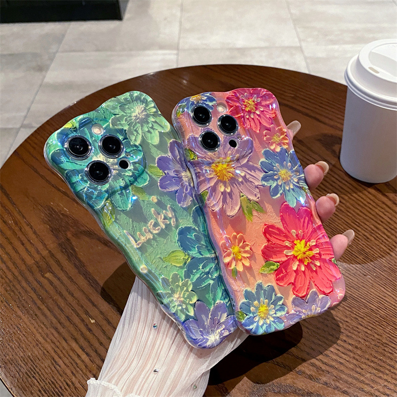 레트로 블루 라이트 유화 꽃무늬 웨이브 실리콘 폰 케이 - Phone Cases Art 리뷰 및 가격