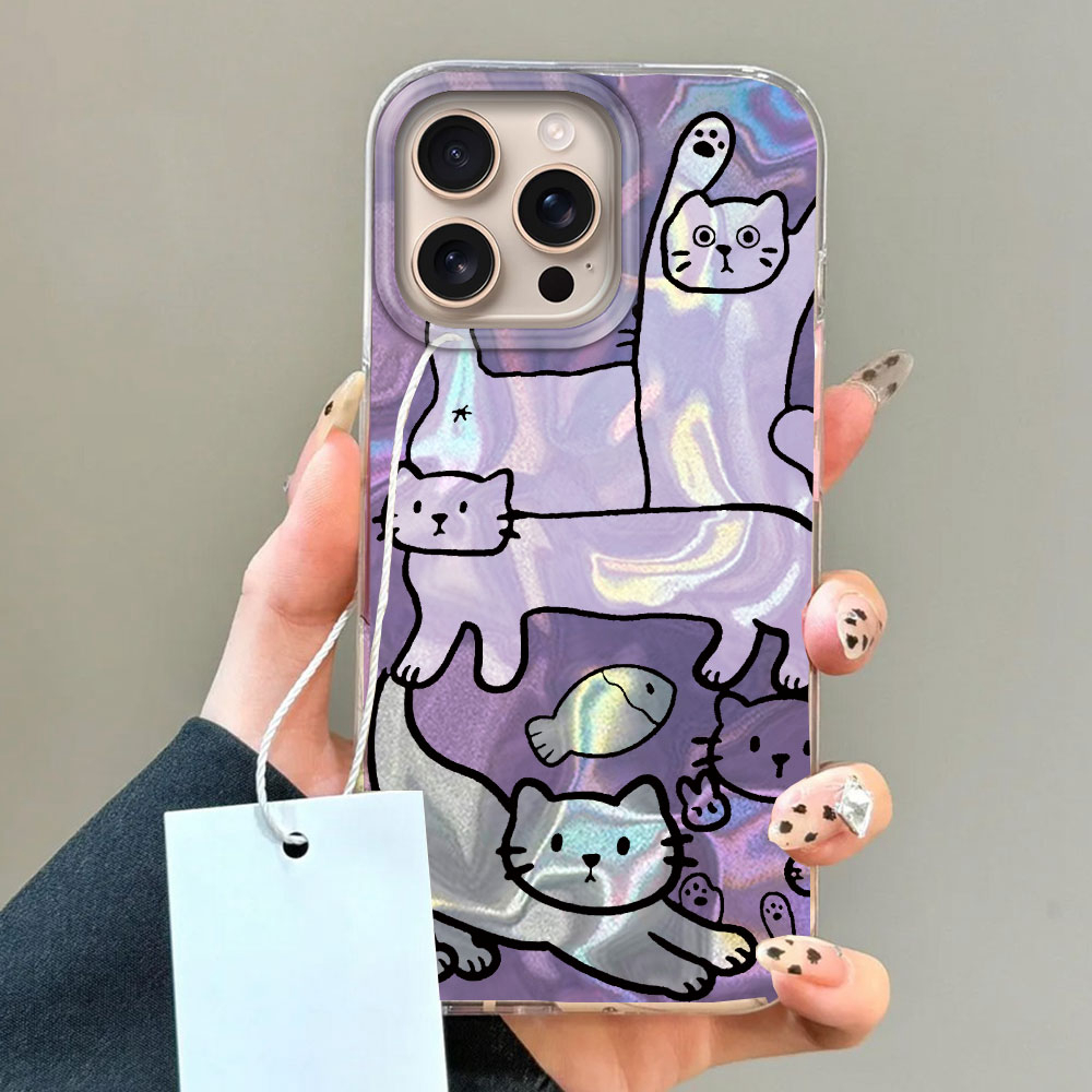 퍼플 라인 고양이 물고기 물 질감 아이폰 16 15 1 - Phone Cases Purple 리뷰 및 가격