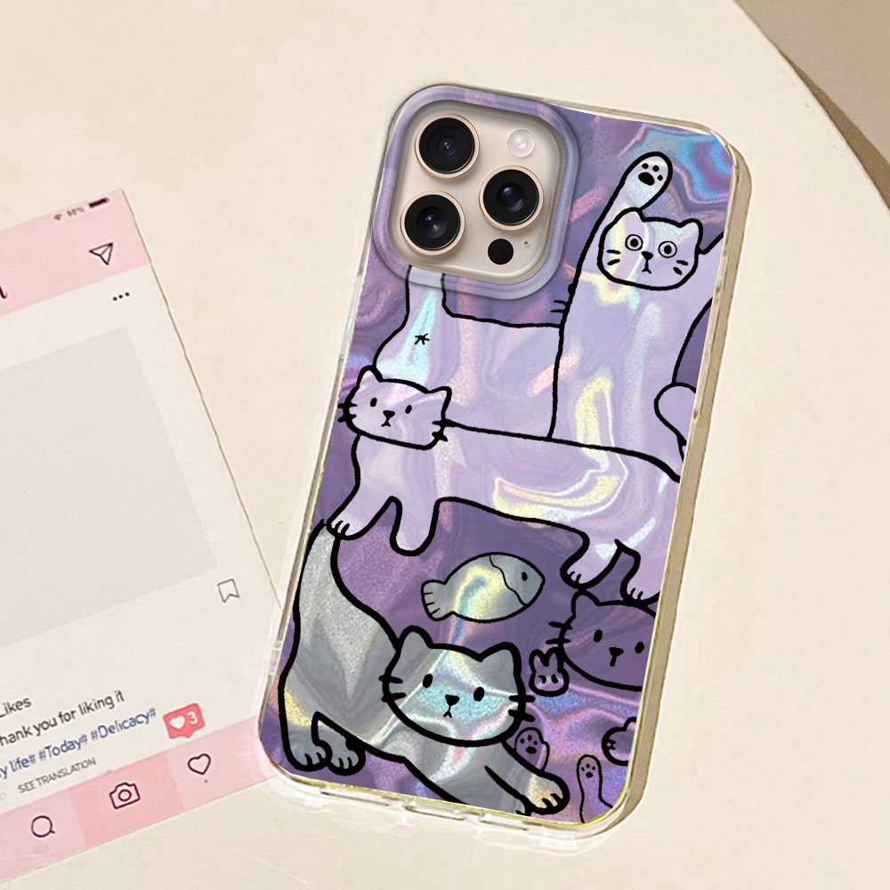 퍼플 라인 고양이 물고기 물 질감 아이폰 16 15 1 - Phone Cases Purple 리뷰 및 가격